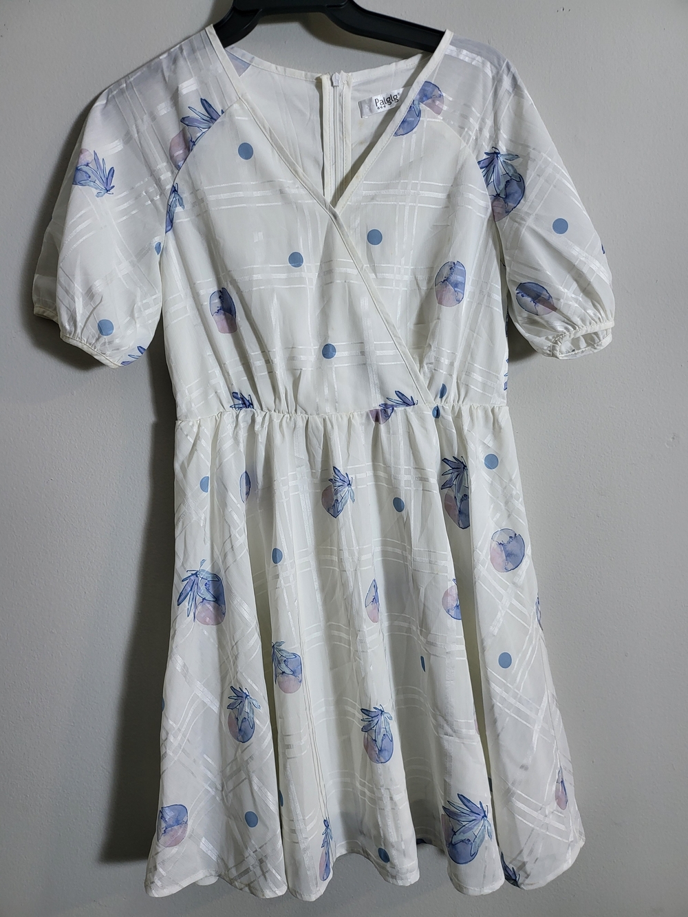 White & Blue Floral Dot Wrap-Style Dress